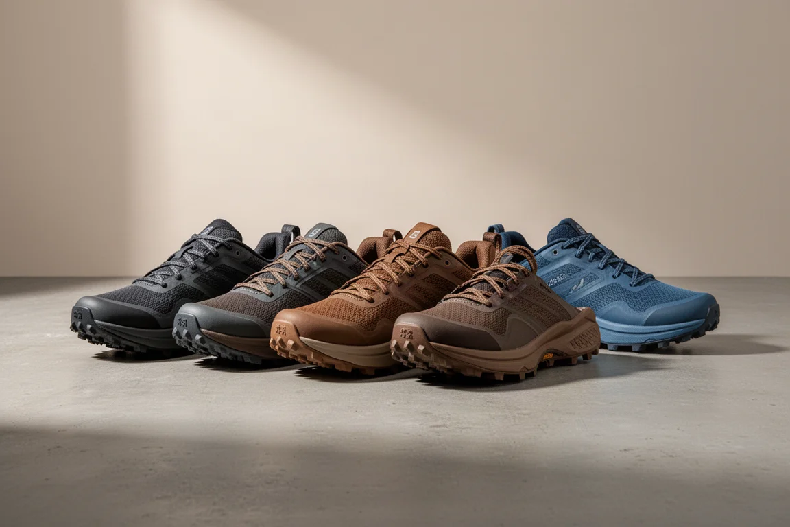 Row of five trail running shoes with visible outsole lugs on a concrete surface