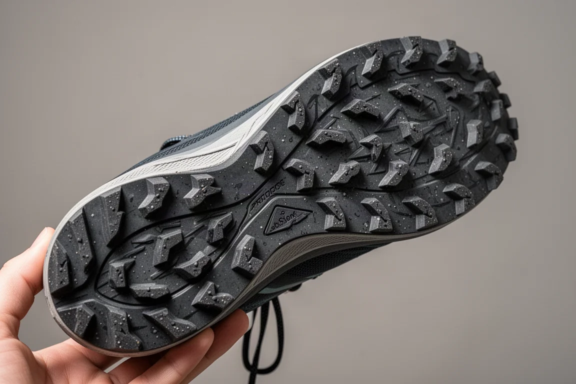 Trail shoe outsole with deep rubber lugs held at an angle