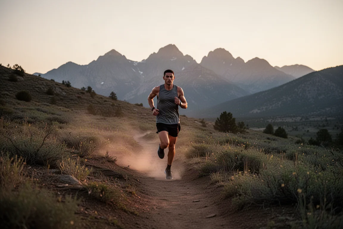 Runner on a singletrack trail with distant peaks at dusk