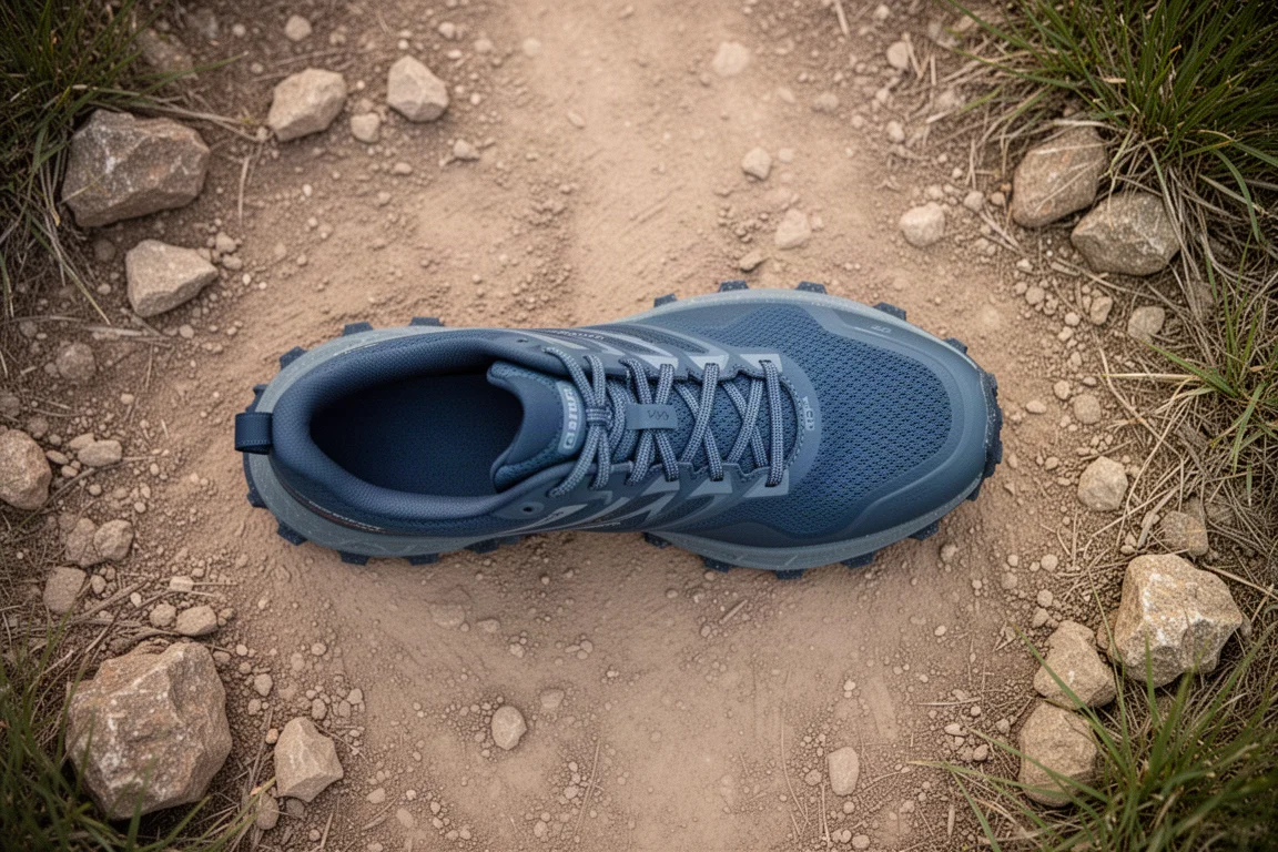Flat overhead view of a trail shoe outsole on dry dirt trail