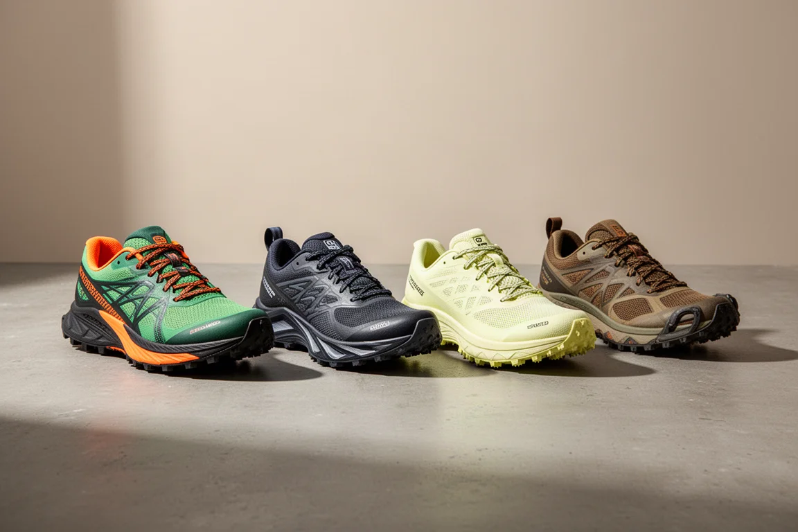 Four trail running shoes lined up on a concrete surface