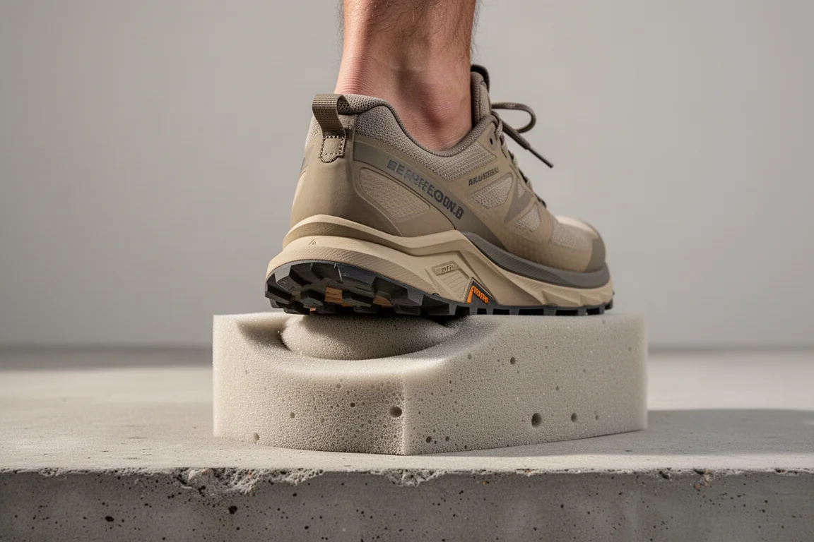 Talón de una zapatilla de trail comprimiendo una espuma suave sobre una superficie de madera