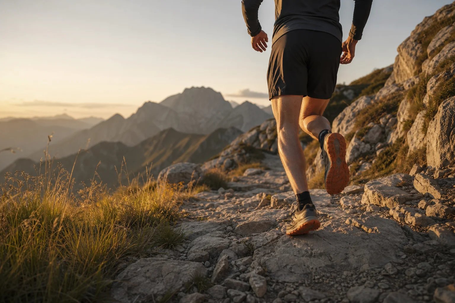 Trail runner navigating rocky mountain terrain with confident foot placement