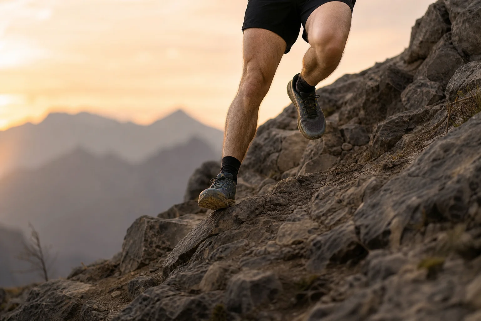 Trail runner descending steep rocky slope with visible heel and sidewall support