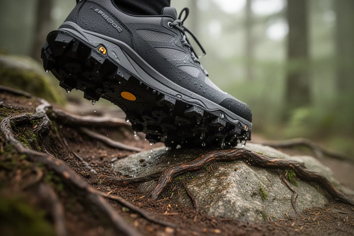 Primer plano de la suela de una zapatilla de trail agarrándose a un sendero húmedo de rocas y raíces
