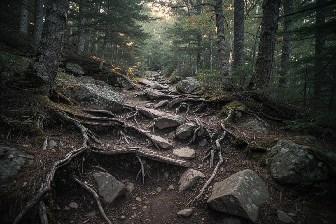 Sendero de montaña técnico con rocas, raíces y piedra suelta en los bosques del noreste