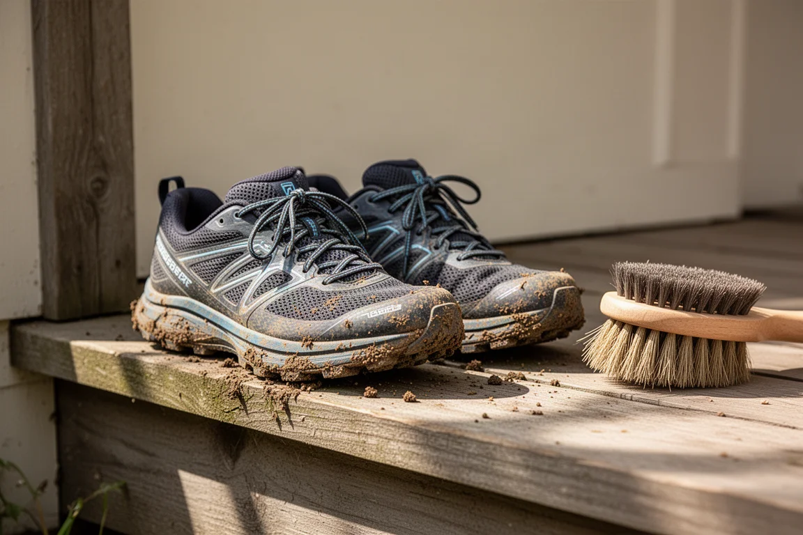 Zapatillas de trail ventilándose en un porche de madera tras una carrera embarrada