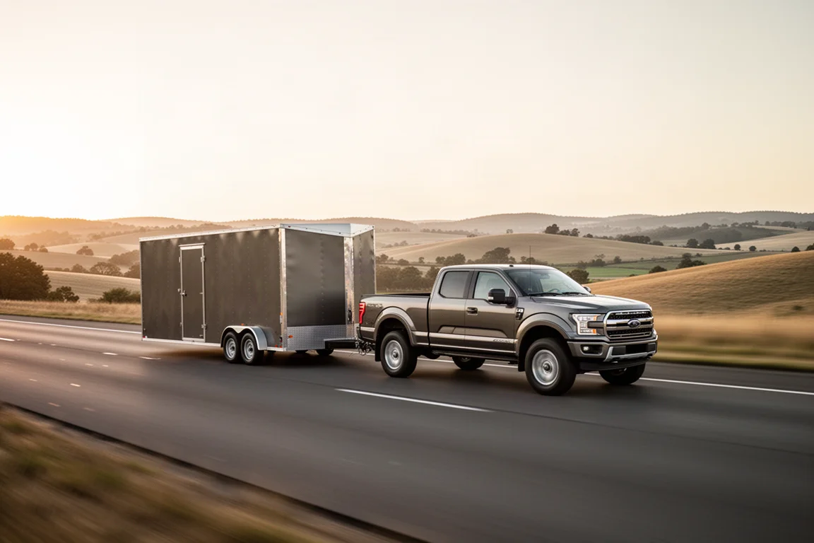 Un pick-up remorquant une remorque sur une autoroute ouverte et lisse