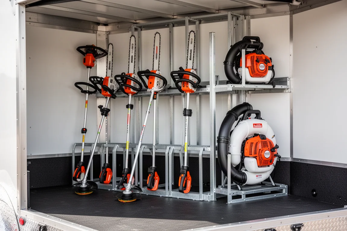 Intérieur de remorque ouverte avec un système de rack organisé recevant débroussailleuses et souffleuses