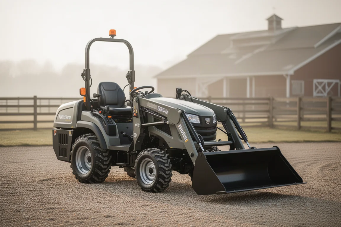 Tracteur électrique compact stationné dans une cour de ferme en gravier au petit matin