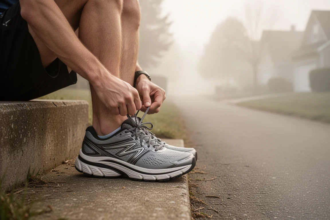 Runner lacing up a cushioned trainer on a suburban path in soft morning light