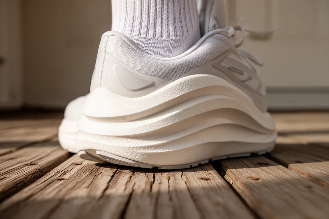 Cushioned running shoe midsole detail on a wooden porch floor