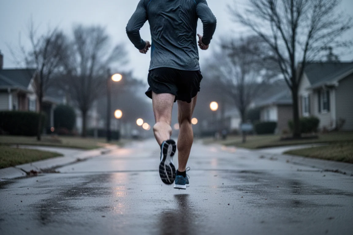 Runner starting a tempo run on wet pavement at dusk