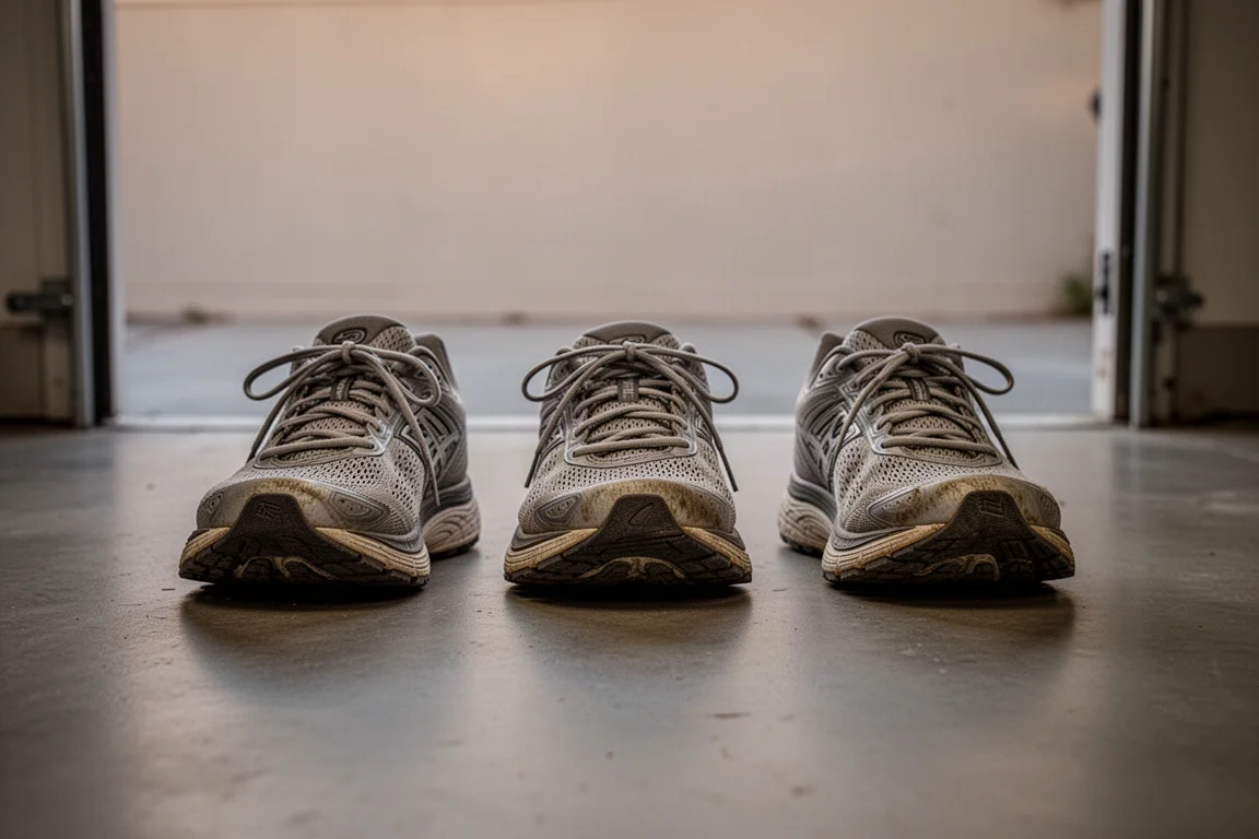 Group of daily training shoes lined up on a garage floor after a run