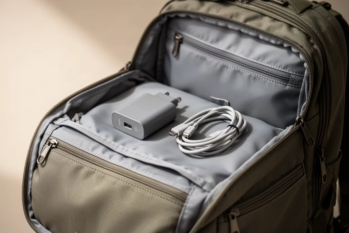 Reisender packt von oben gesehen einen Rucksack mit Kabeln und einem Ladegerät