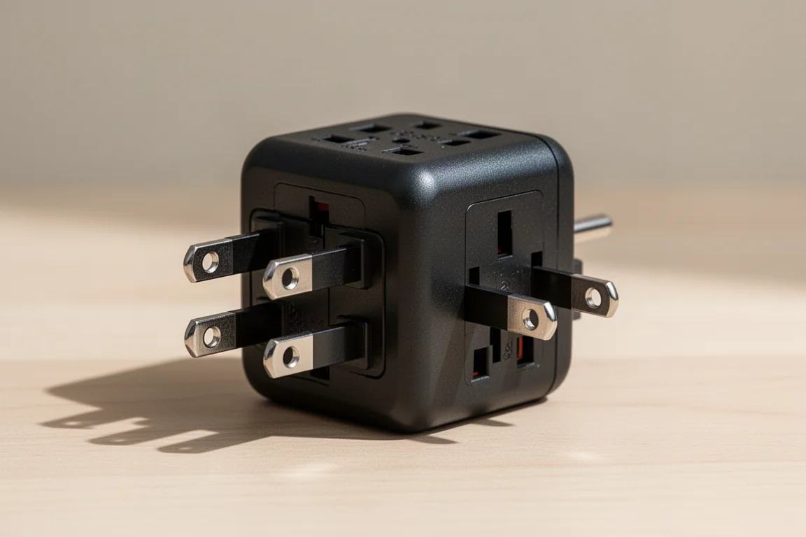 Nahaufnahme der klappbaren Netzstecker eines universalen Reiseadapters
