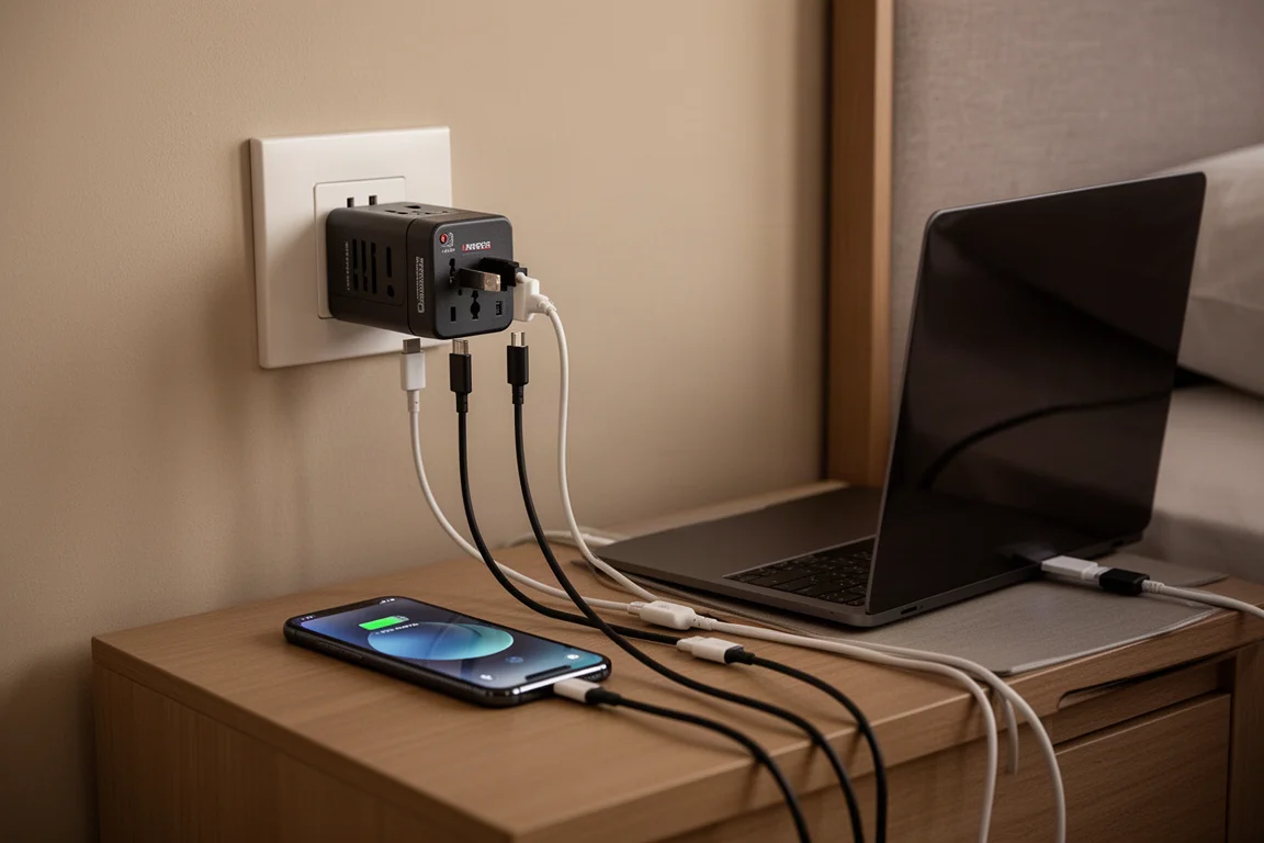 Reiseadapter in einer Hotelsteckdose, lädt mehrere Geräte