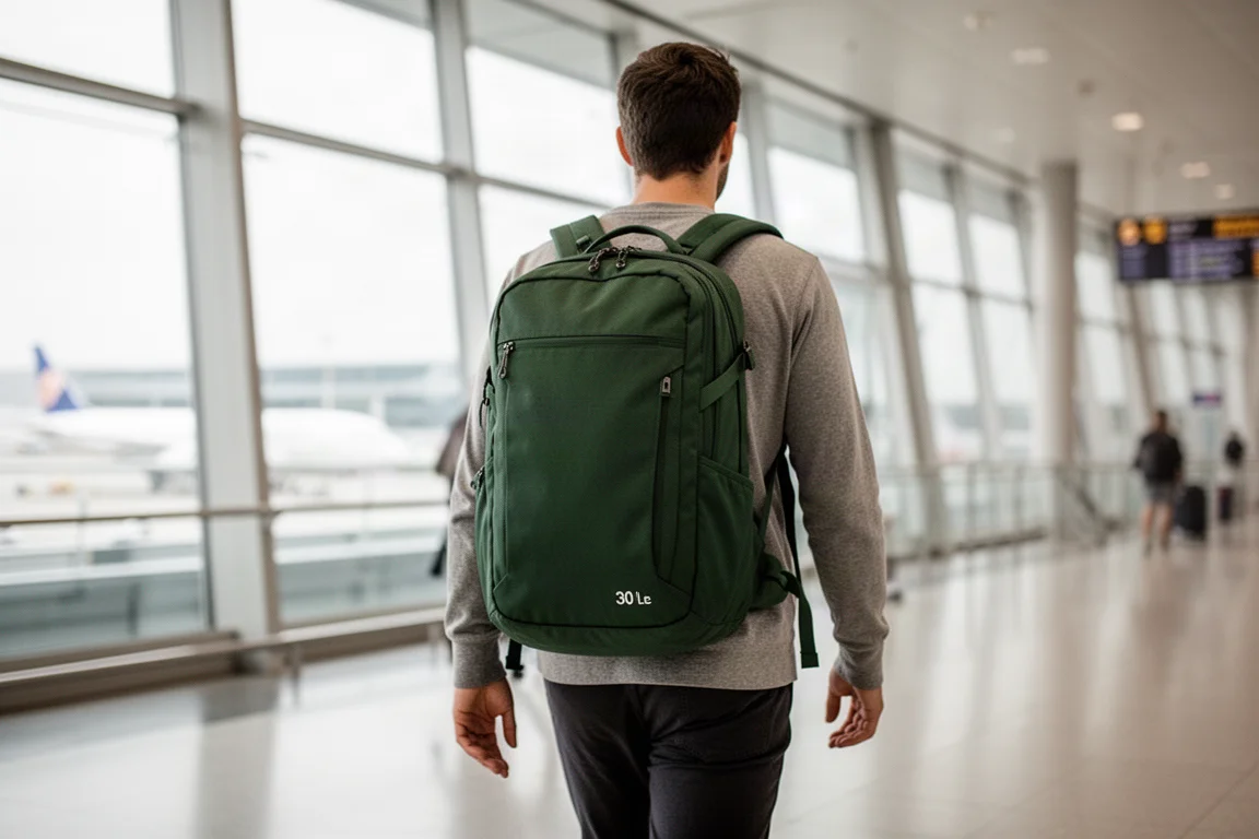 Viajero caminando por una terminal de aeropuerto con una mochila de 30 litros
