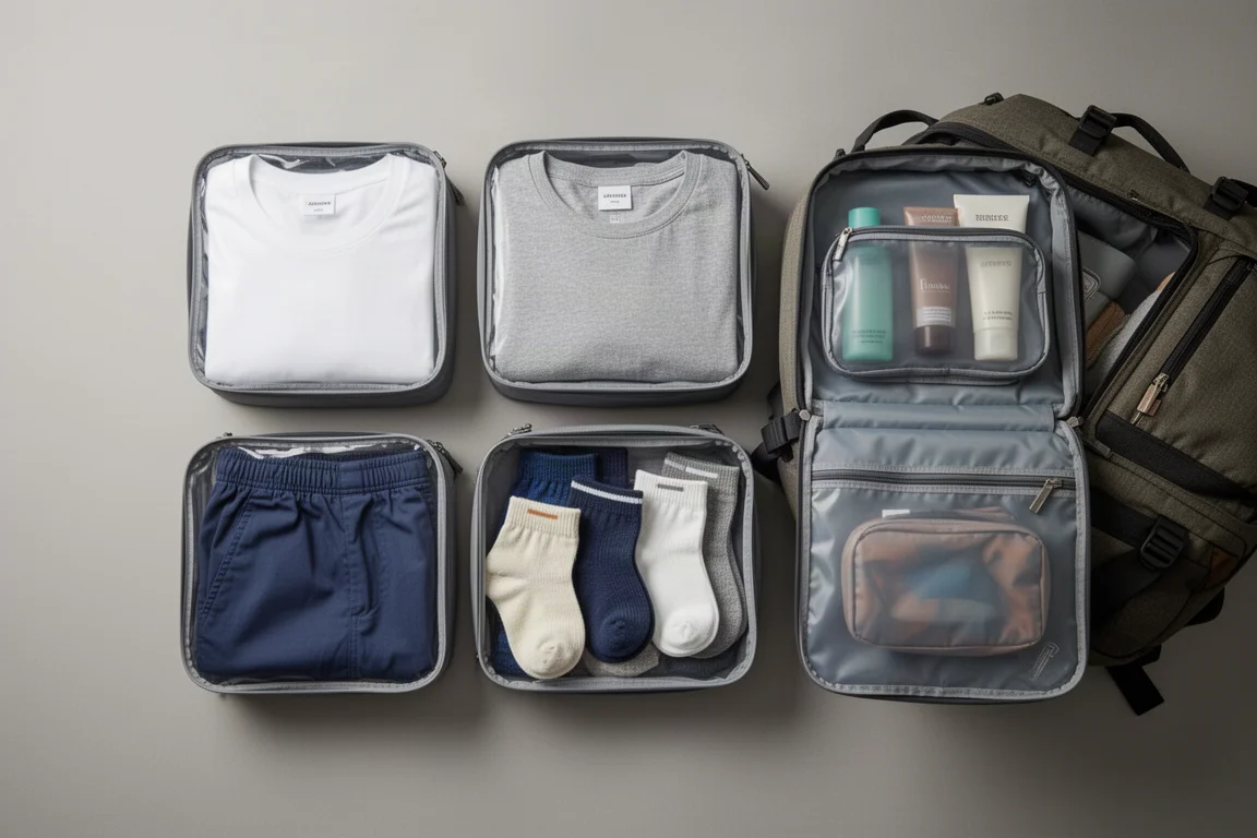 Compartimento principal de la mochila abierto mostrando cubos de embalaje y ropa
