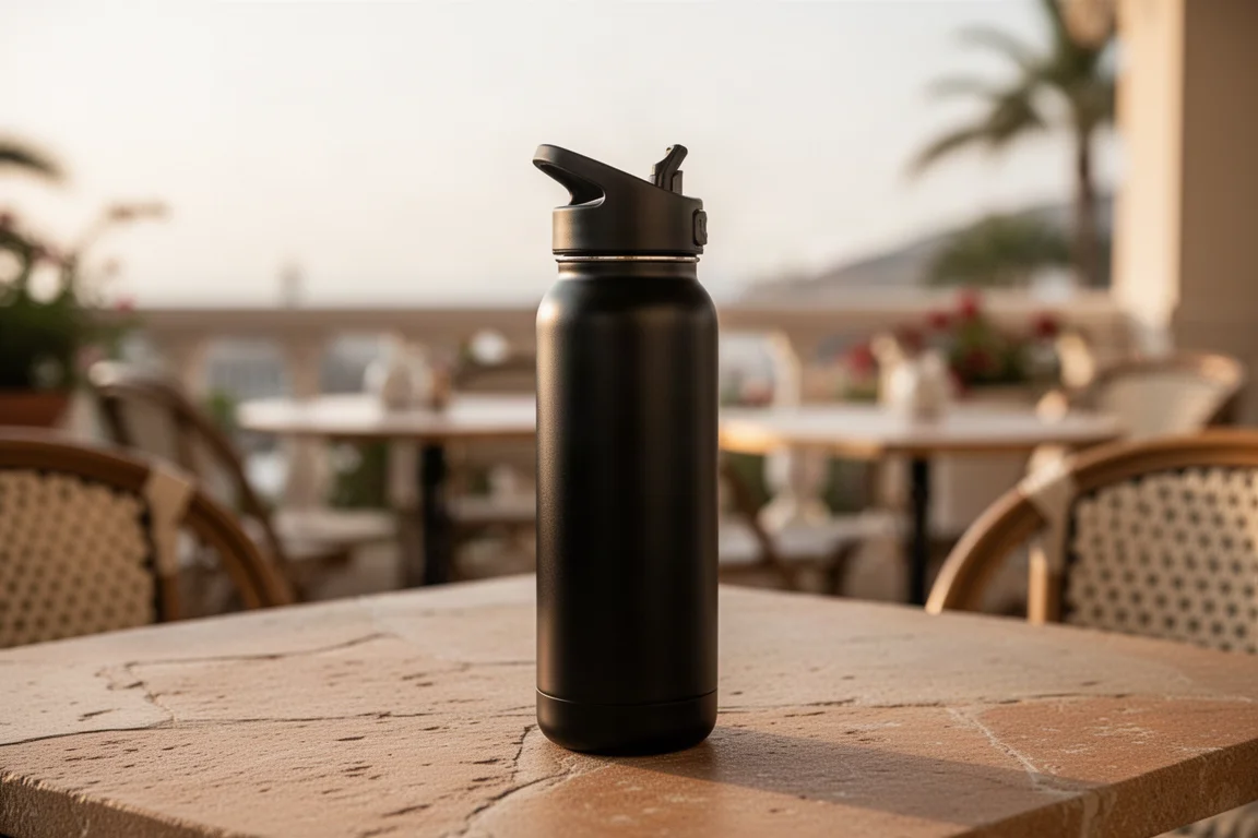Botella de agua aislante con tapa de filtro sobre una mesa de piedra en una cafetería