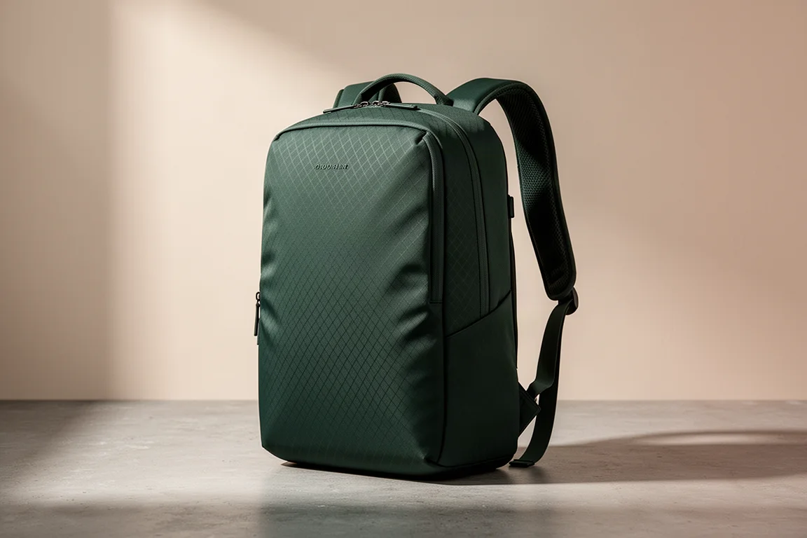 Dark green 30-litre travel backpack standing on a concrete surface