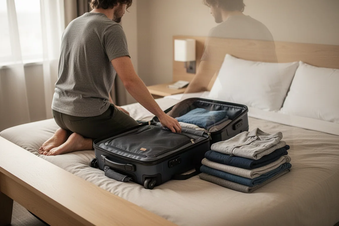 Viajante organizando uma mochila de cabine sobre a cama de um hotel com luz suave