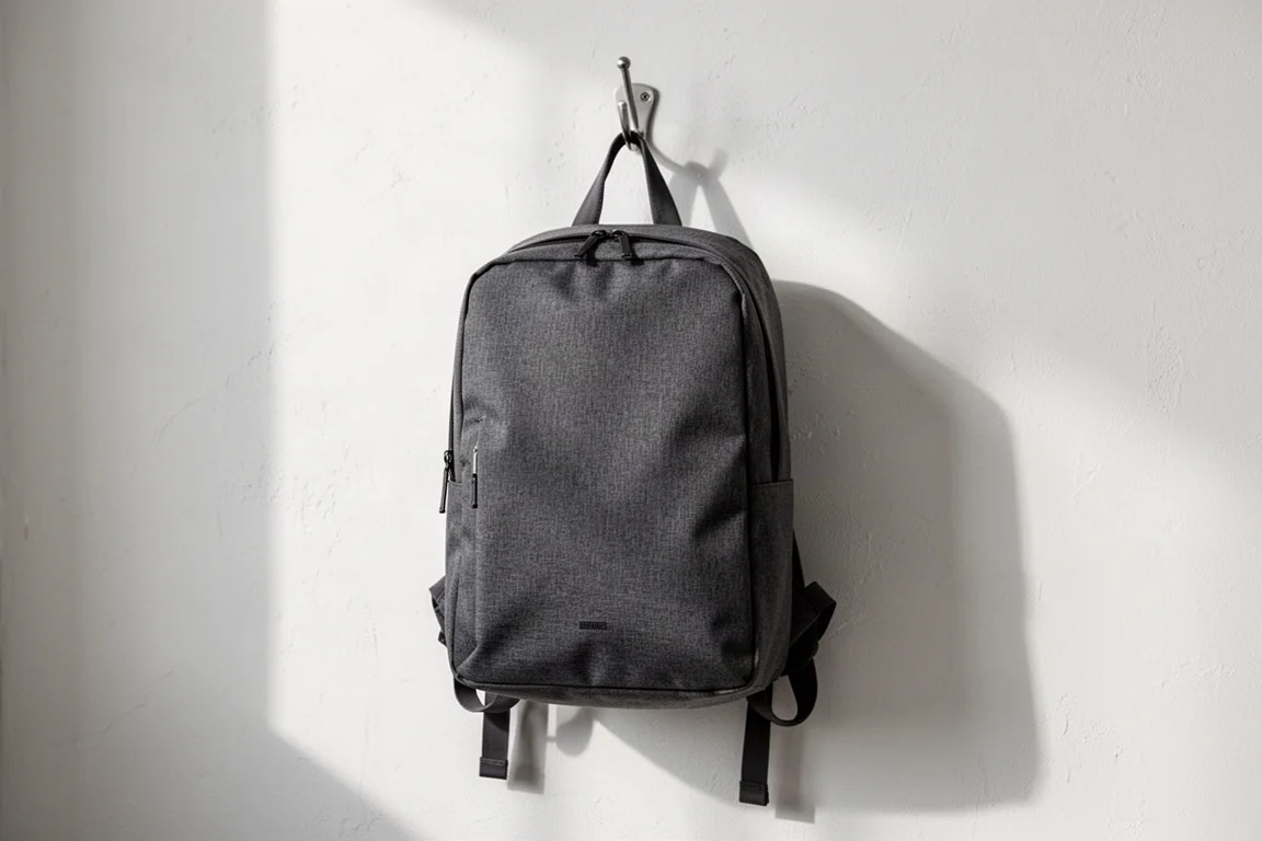Mochila minimalista leve pendurada em um gancho em um ambiente iluminado