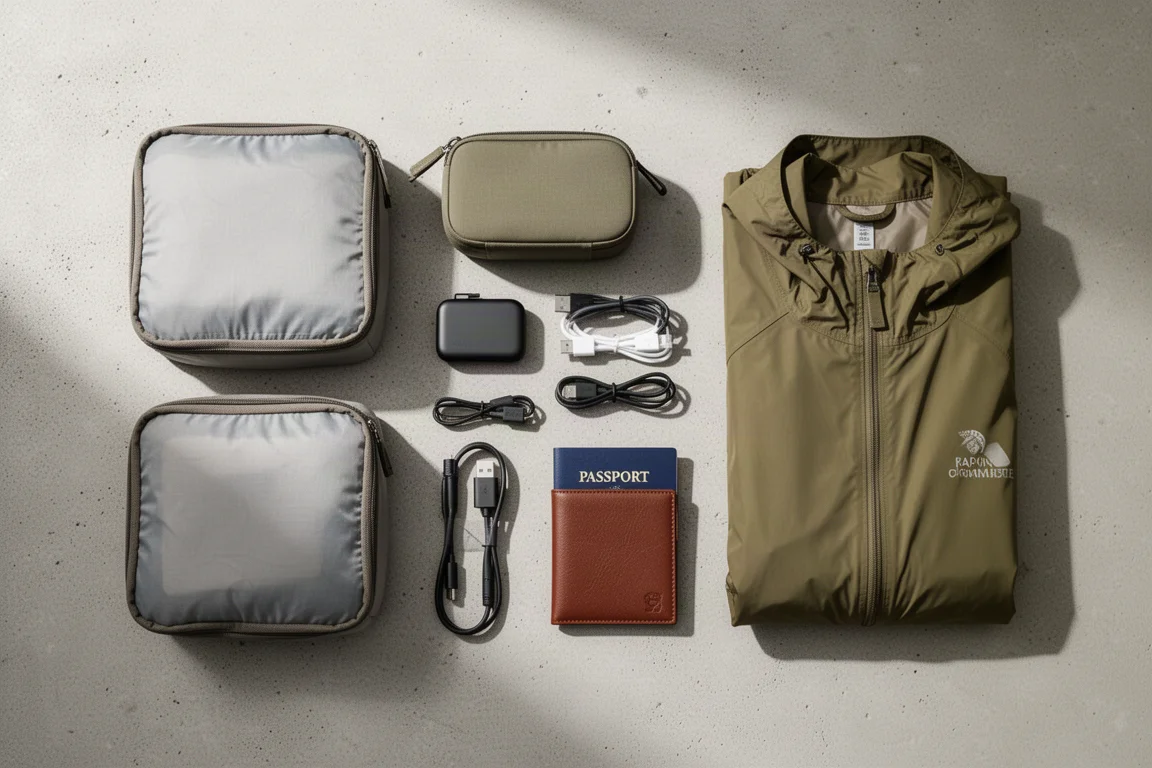 Vista aérea em flat-lay de acessórios de viagem e cubes de arrumação sobre uma mesa