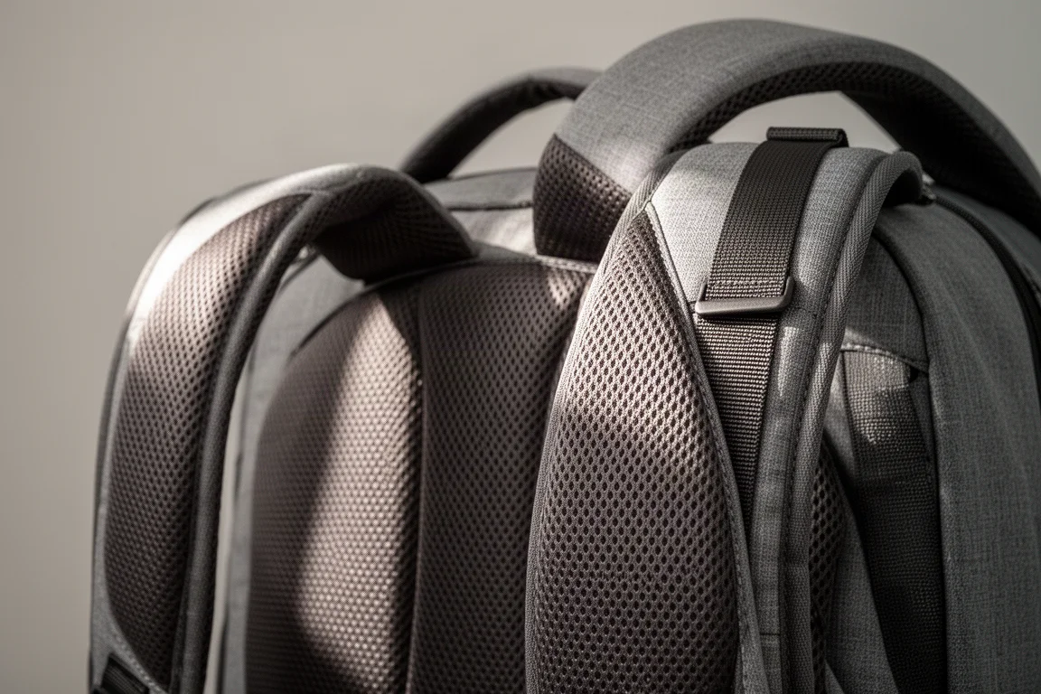 Close-up das alças e tirantes de uma mochila mostrando espessas almofadas