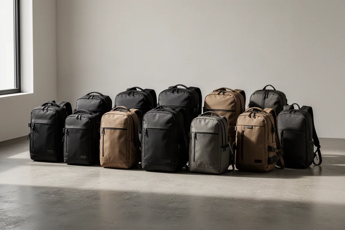 Lineup of twelve travel backpacks of varying sizes on a concrete studio floor