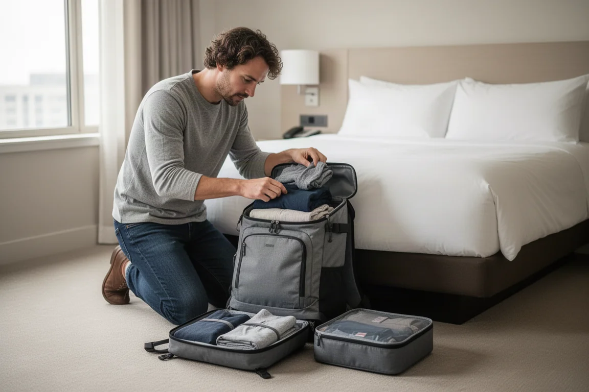 Reisender packt einen Kofferöffnungs-Rucksack auf einem Hotelbett