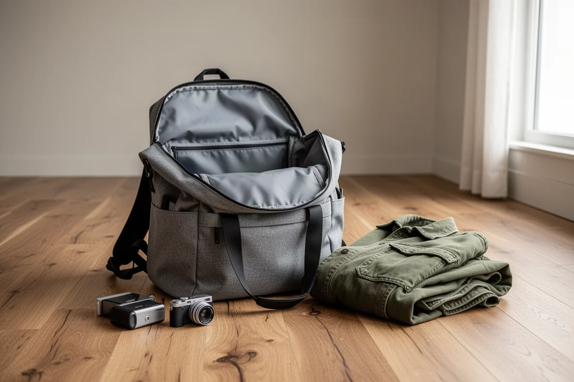 Reiserucksack mit Duffel-Style-Öffnung auf einem Holzboden