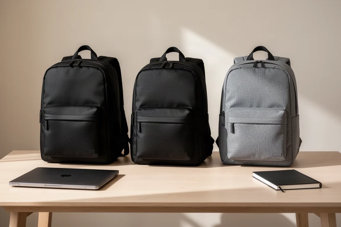 Alltagsdaypacks auf einem Schreibtisch mit Laptop und Notizbuch