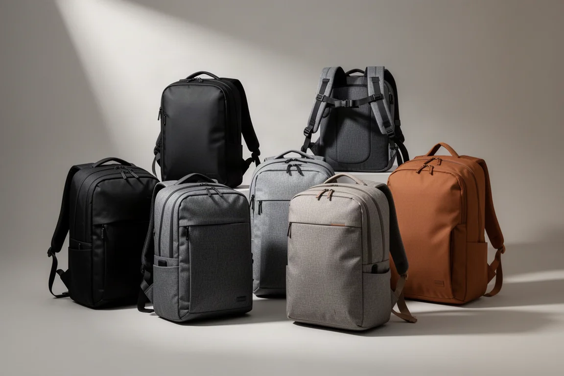 Collection of modern travel backpacks arranged on a grey studio backdrop