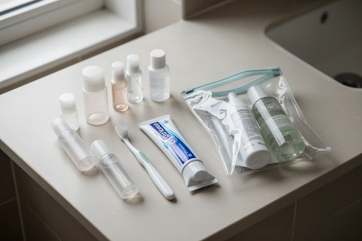Travel-sized toiletry containers and a clear zippered plastic bag on a bathroom counter