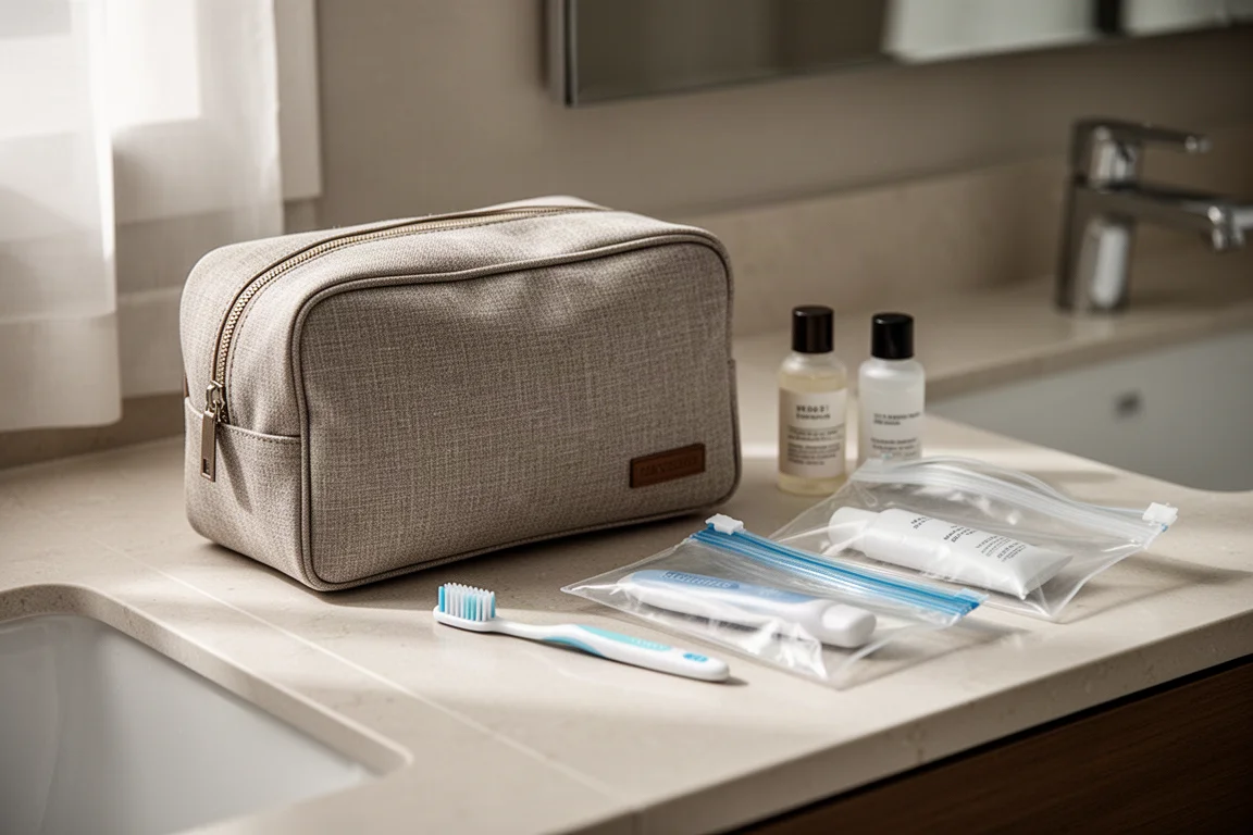 Toiletry bag hanging from a towel rail with the main compartment open