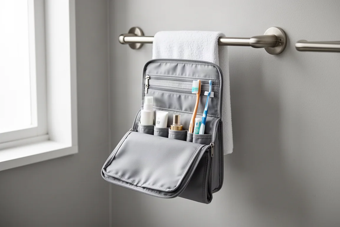Large toiletry case open on a hotel counter showing a main compartment and a separate rear section