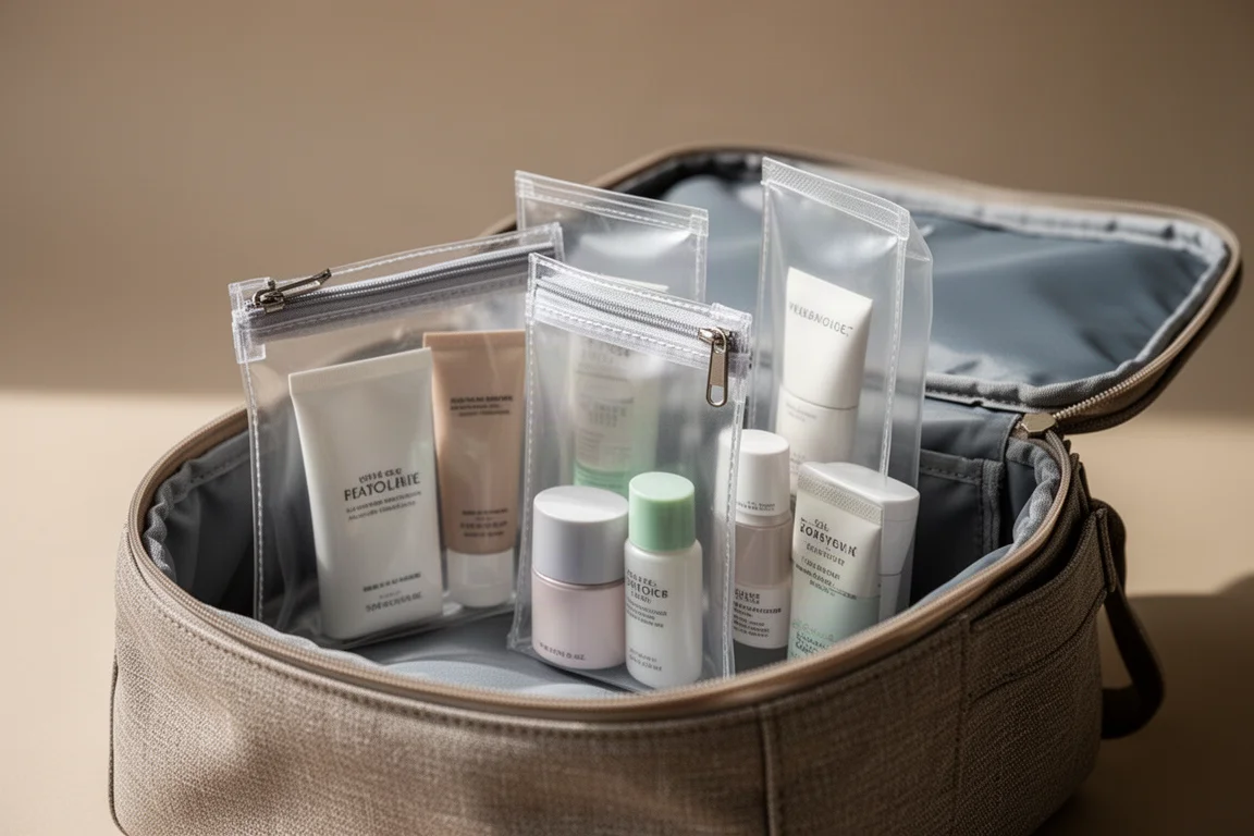 Small zippered pouches and compact travel toiletries packed neatly inside a bag