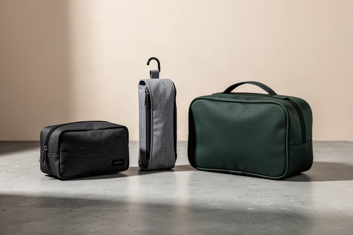 Three travel toiletry bags of different sizes lined up on a concrete surface