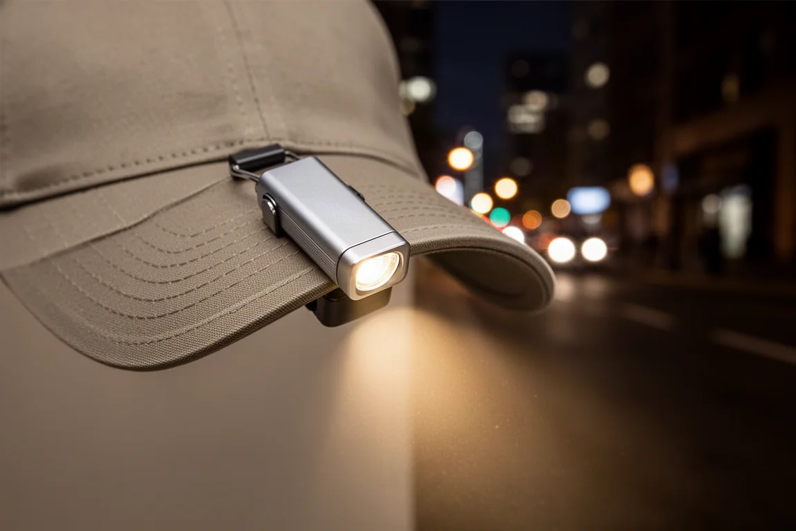 Kompakte Taschenlampe am Schild eines Caps geklippt, die nachts Licht auf eine Straße wirft