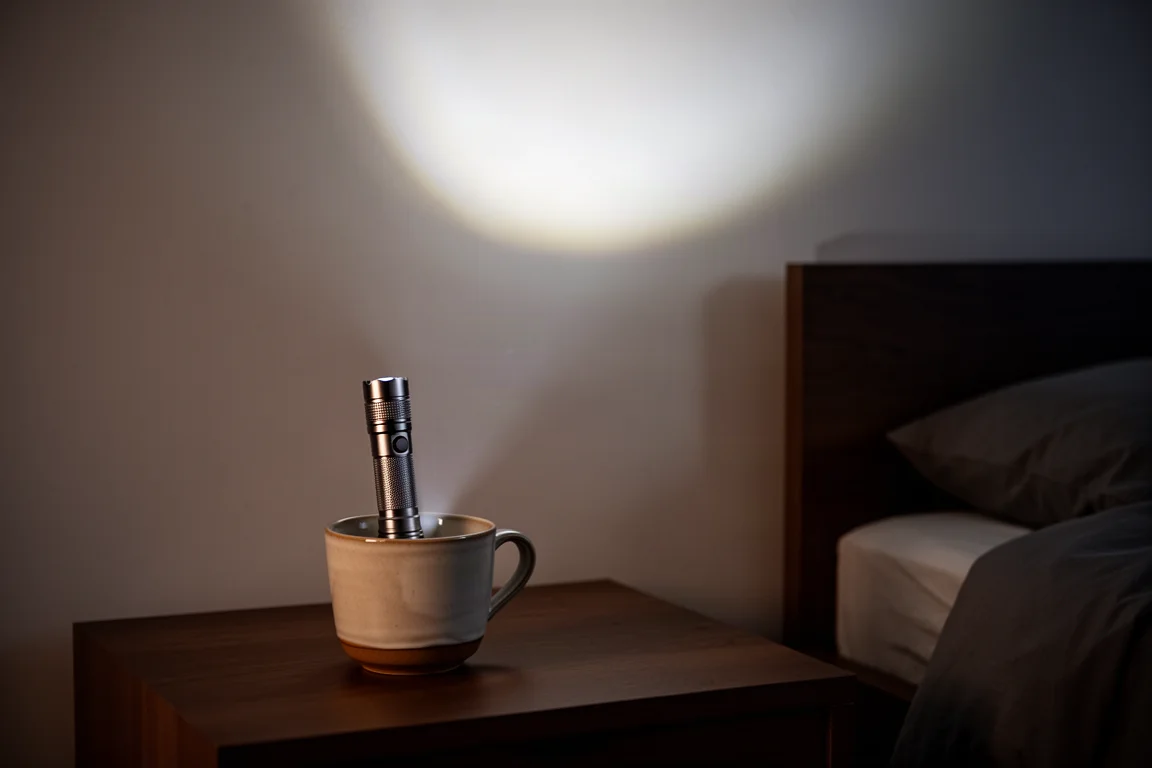 Taschenlampe steht in einem Becher und richtet das Licht an die Decke, um einen dunklen Raum zu beleuchten