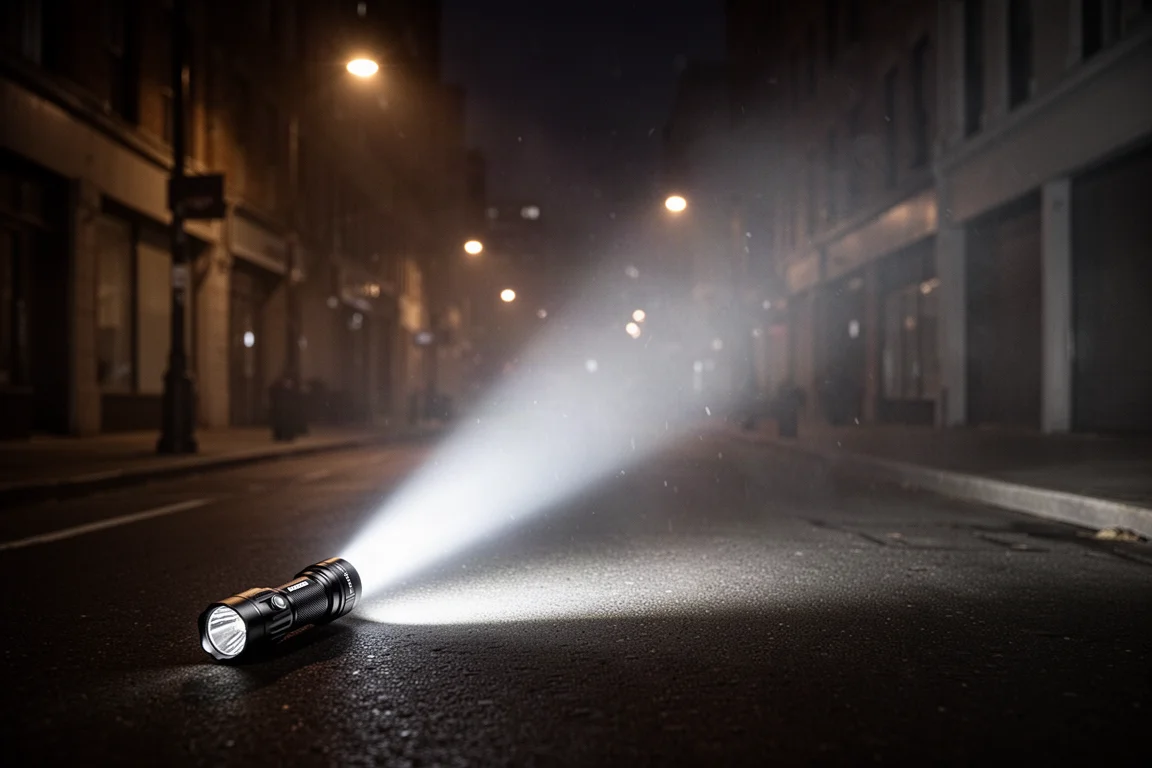 Heller Lichtstrahl einer Taschenlampe durchschneidet die Dunkelheit auf einer stillen Straße bei Nacht