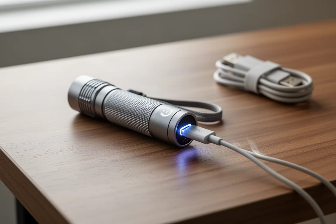 USB-C-Kabel mit einer kleinen Taschenlampe verbunden, die auf einem Holzschreibtisch lädt