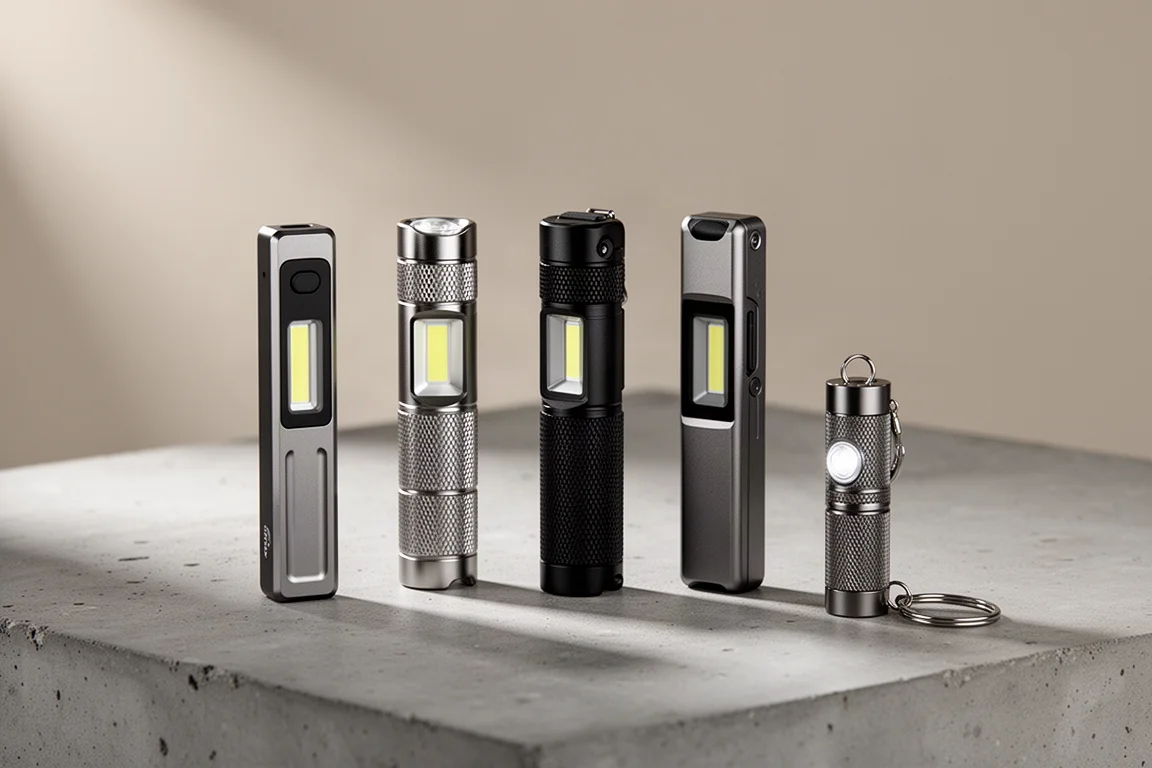 Five compact EDC flashlights arranged on a concrete surface