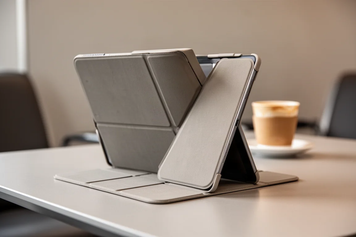 Tablet in einem Folio-Case auf einem Tisch in einer Airport-Lounge aufgestellt