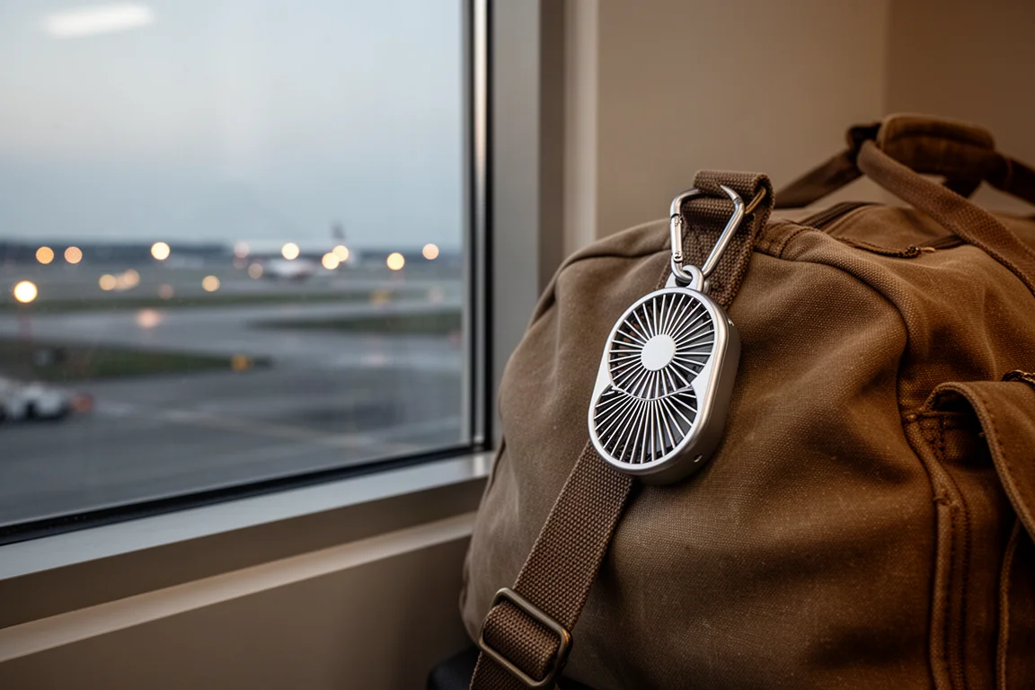 Gepackter Duffel-Rucksack neben einem Fenster am Boarding-Gate in der Dämmerung