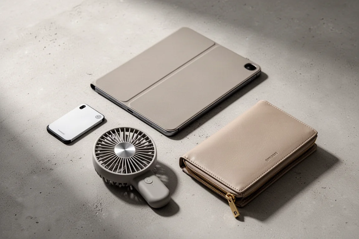 Flat-lay of travel gear including a card tracker, folio case, portable fan, and leather wallet on concrete