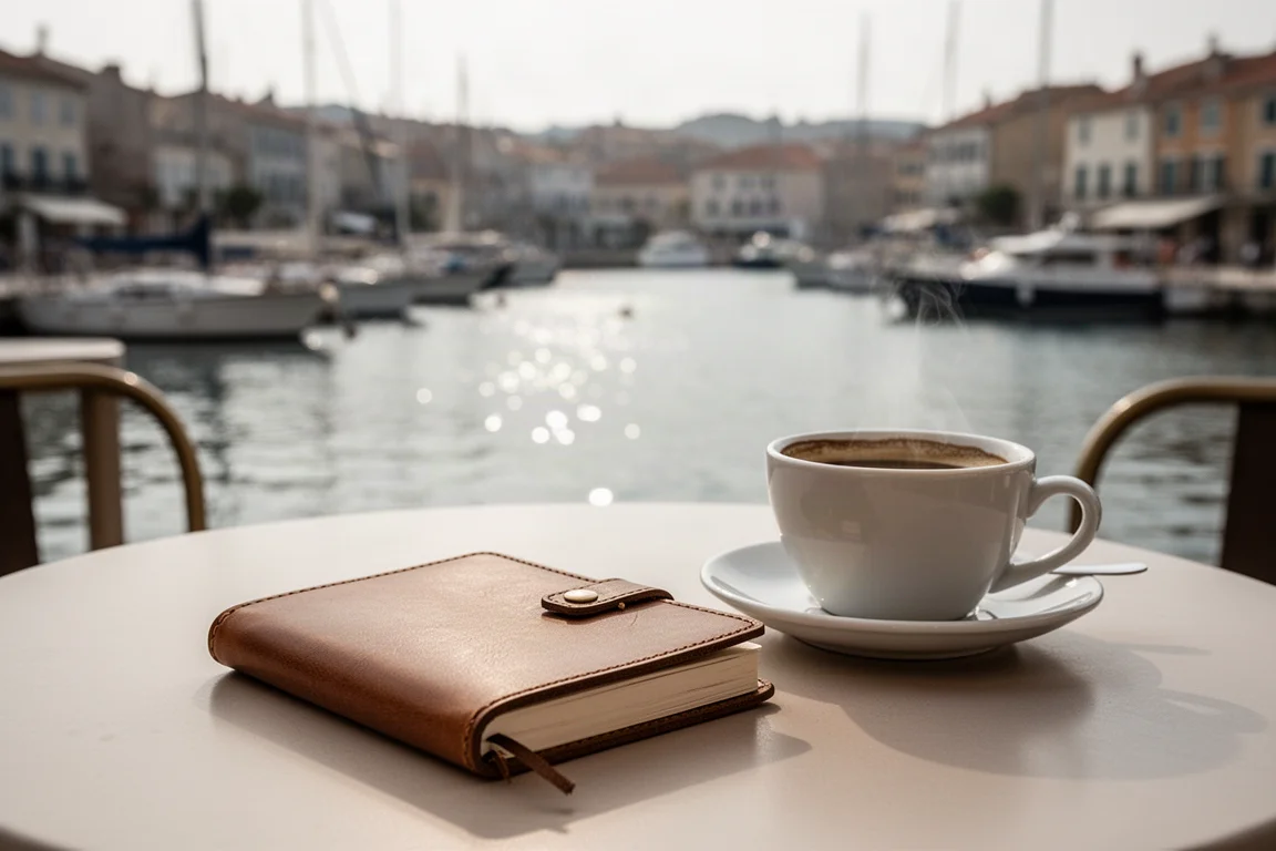 Diario de cuero sobre una mesa con vistas a un pueblo portuario