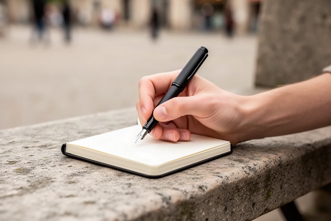 Mano escribiendo en un diario de bolsillo con una estilográfica al aire libre
