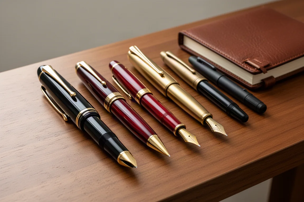 Collection of luxury and everyday fountain pens beside a leather journal on a wooden desk